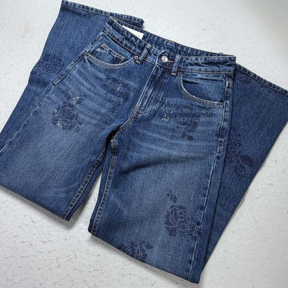 Zara TRF Barrel Jeans Size 2 Blue Rhinestone Floral Denim